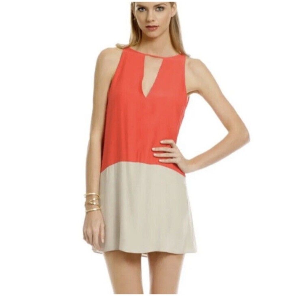 Parker Silk Dress Red Coral Tan Color Block Racer Back Women’s Small